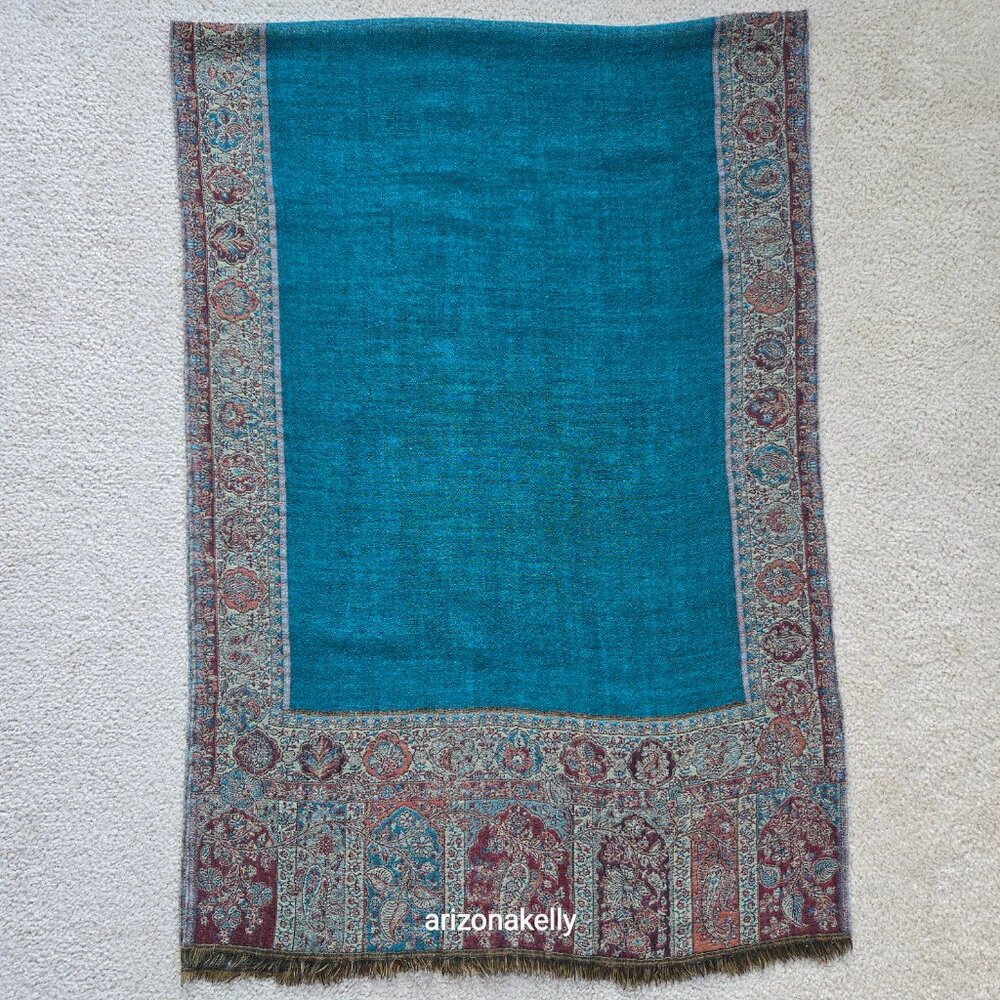 NWOT Wool Scarf Woven Teal Blue - Picture 10 of 11